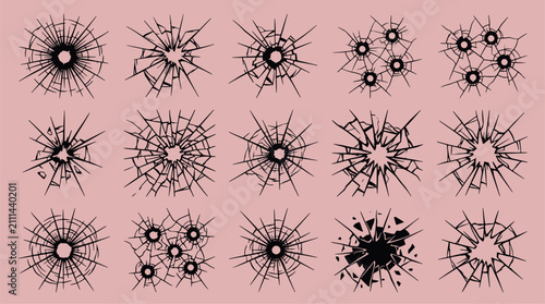 Fotografía Set of isolated shattered glass crack textures and bullet hole impacts on a pink
