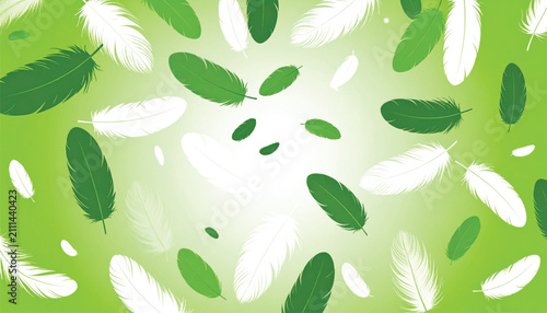 Abstract background with floating feathers in vibrant green gradient, minimalist design