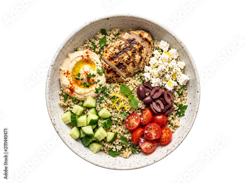 Mediterranean chicken bowl with quinoa and fresh vegetables PNG on transparent background