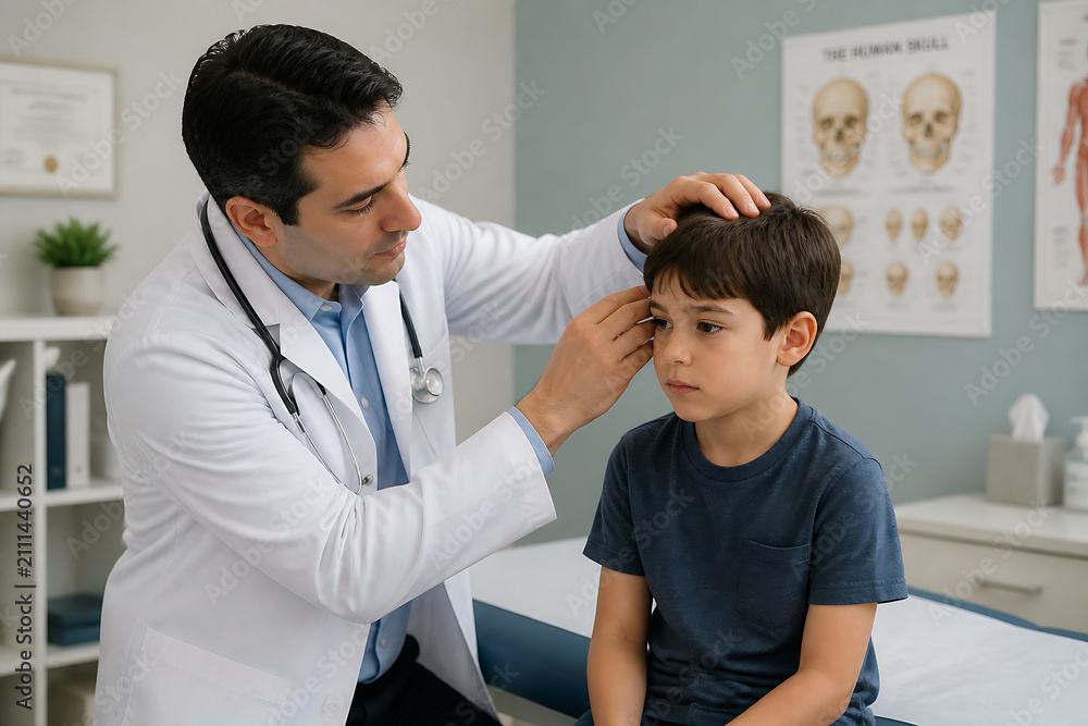 Fototapeta premium A doctor is examining a young boy's eye in a medical office setting.