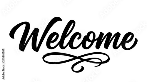 Elegant black welcome typography design with decorative flourish isolated on a white background for greeting cards and home decor