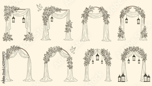 Beautiful hand drawn sketches of elegant wedding arches adorned with flowers and lanterns, vector collection.