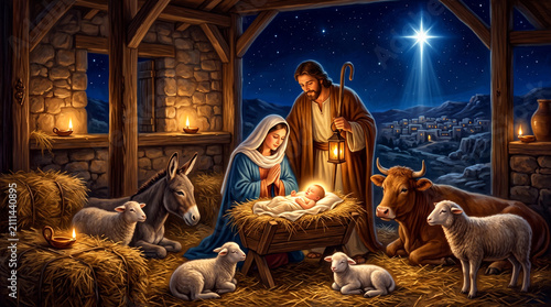 Nativity scene with baby Jesus, Mary, Joseph, and animals in a stable at night