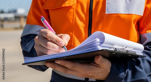 Construction worker writing on clipboard. Industrial inspector taking notes on site.