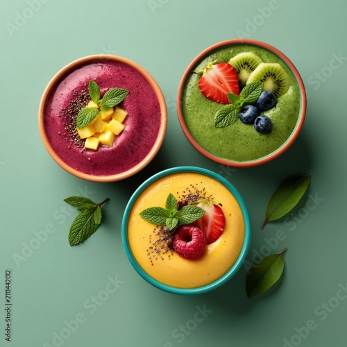 Three Colorful Smoothie Bowls Purple Green Yellow With Fresh Fruit Toppings Top View