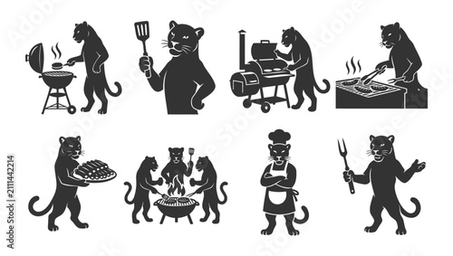Fotografía Panther characters preparing and serving delicious grilled food at parties