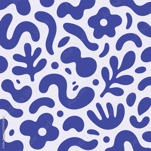 PrintAbstract Organic Seamless Pattern with Modern Scandinavian Shapes in Blue and White Vector Background