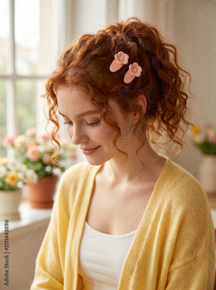 Naklejka premium Young woman with red hair wearing cute pink flower hair clips. Beautiful girl styling hair with floral accessories. Trendy hair decoration for summer fashion look and female beauty.
