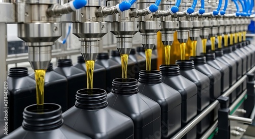 Automated oil filling machine in factory. Industrial production line filling plastic bottles.