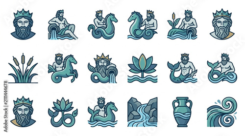 Bild auf Leinwand Collection of Mythical Sea Creatures and Gods in Line Art Style.