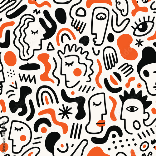 Abstract Modern Faces Seamless Pattern with Minimal Line Art and Organic Shapes Vector Background