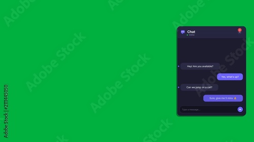 Digital chat interface window with text bubbles appearing on a green screen for chroma key compositing
