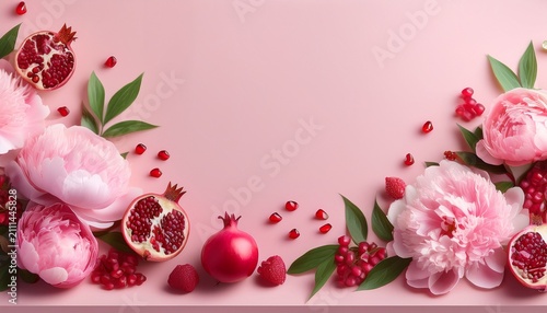 A Wide Horizontal Banner With Empty Copy Space In A Soft Pastel Color Scheme Featuring Peonies Raspberries And Sliced Pomegranates