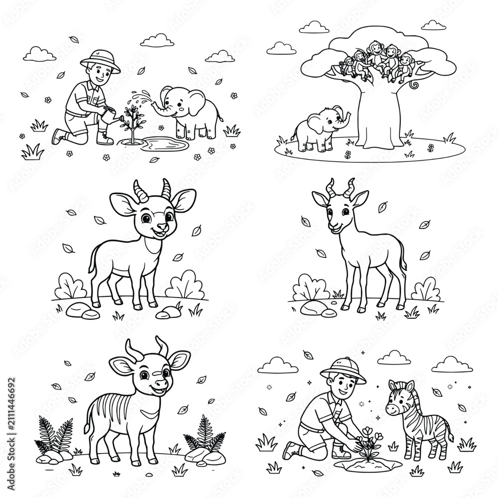 Obraz premium Animal Coloring Page Collection with Adorable Cartoon Wildlife Characters