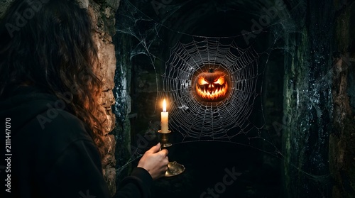 Person holding a candle in a dark dungeon with a glowing jackolantern trapped in a giant spider web