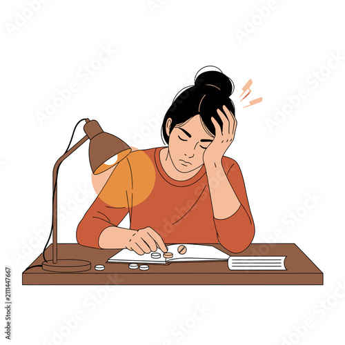 Frustrated Woman Counting Coins Under Desk Lamp Showing Financial Strain