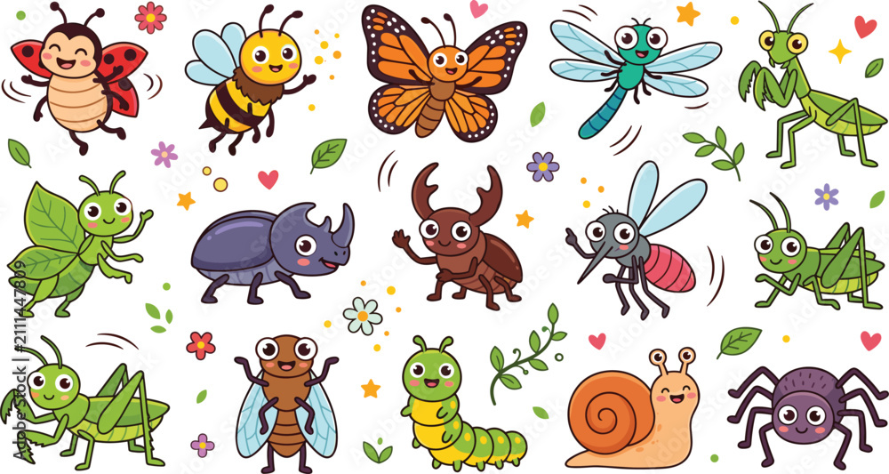 Obraz premium Cute Cartoon Insect and Bug Vector Collection Featuring Friendly Ladybug, Bee, Butterfly, Caterpillar, Snail, and Grasshopper Characters for Kids Designs