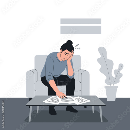 Financial Stress And Anxiety Calculating Bills Overwhelmed By Debt