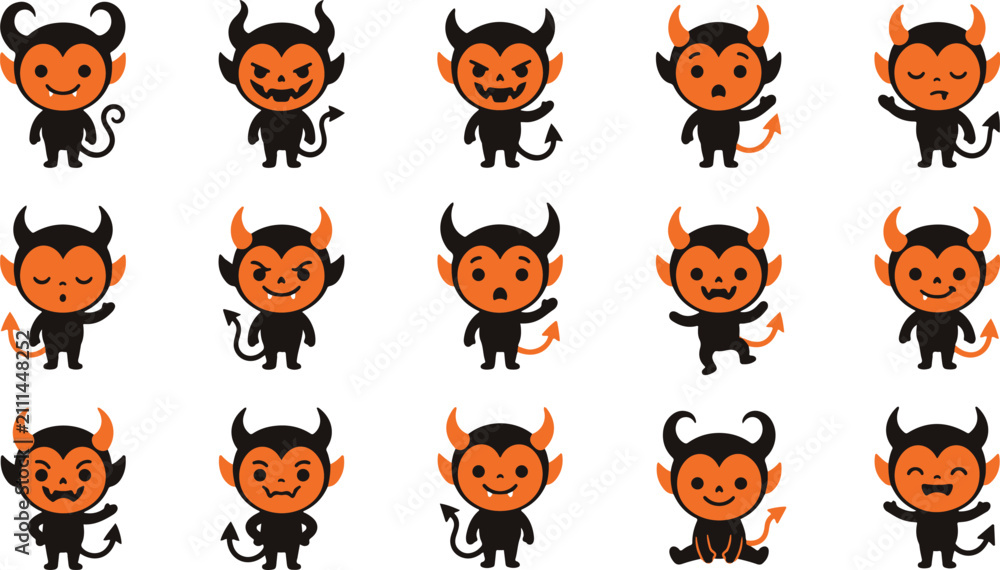 Naklejka premium A collection of cute cartoon devil character stickers showing various emotions and poses on a clean white background set