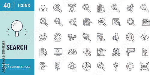 Search line icon set - magnifying glass, SEO analysis, data lookup and research editable stroke vector icons