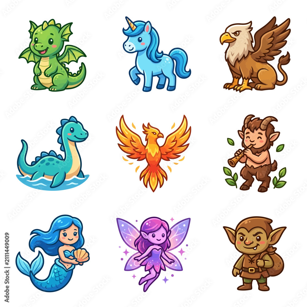 Obraz premium Cute Mythical Creatures Cartoon Collection: Dragon, Unicorn, Griffin, Mermaid, Fairy, Goblin