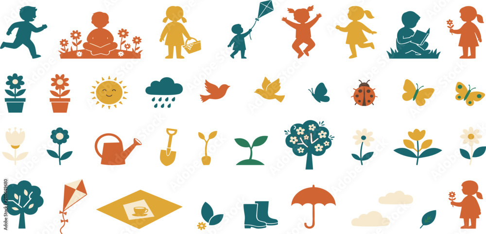 Fototapeta premium Children Gardening and Spring Outdoor Activities Icon Set Featuring Kids, Flowers, Trees, Weather Elements, and Picnic Symbols for Nature Graphic Designs