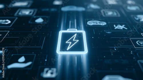Technology battery high power electric energy, Battery to electric cars and mobile devices with clean electric, Green renewable energy battery storage future, Technology digital abstract background