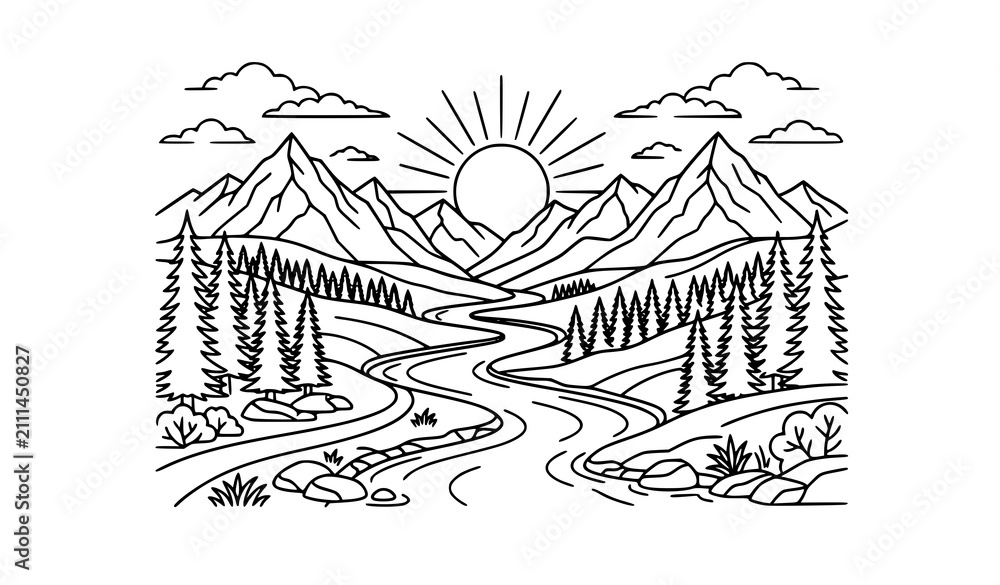 Naklejka premium Minimal Mountain River Nature Line Art Black and White Vector