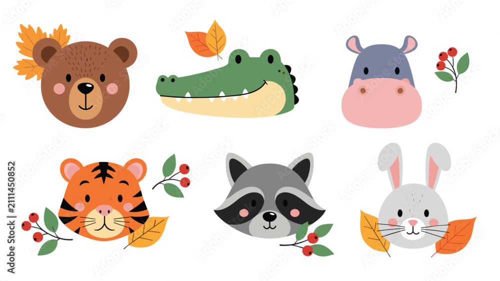 Fototapeta premium Adorable wild animal faces set with autumn leaves and red berries including bear, tiger, raccoon, and hippo characters.