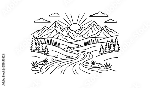 Nature Scenery Mountain River Sun Tree Line Vector Illustration