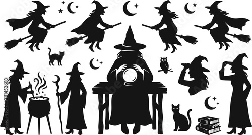 Konstfotografi Witch silhouettes with broomsticks cats and crescent moons black vector illustra