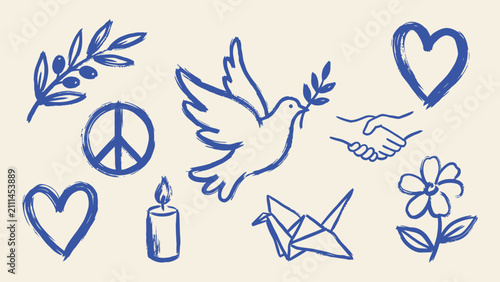 Blue hand drawn peace and love icons vector set featuring dove olive branch heart handshake and origami crane