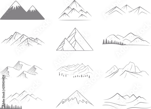 Photos Una colección de varias cadenas montañosas y paisajes dibujados a mano en un estilo minimalista