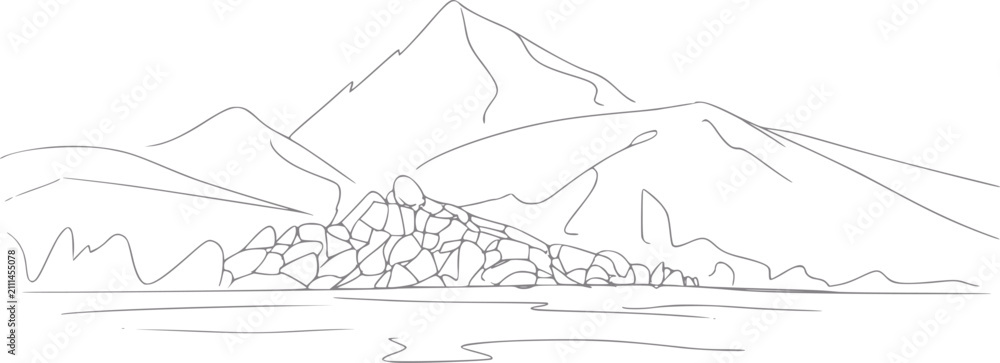 Fototapeta premium Una línea minimalista de un paisaje de cordillera rocosa reflejada en la superficie de un cuerpo de agua tranquila.