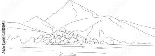Bild auf Leinwand Una línea minimalista de un paisaje de cordillera rocosa reflejada en la superficie de un cuerpo de agua tranquila