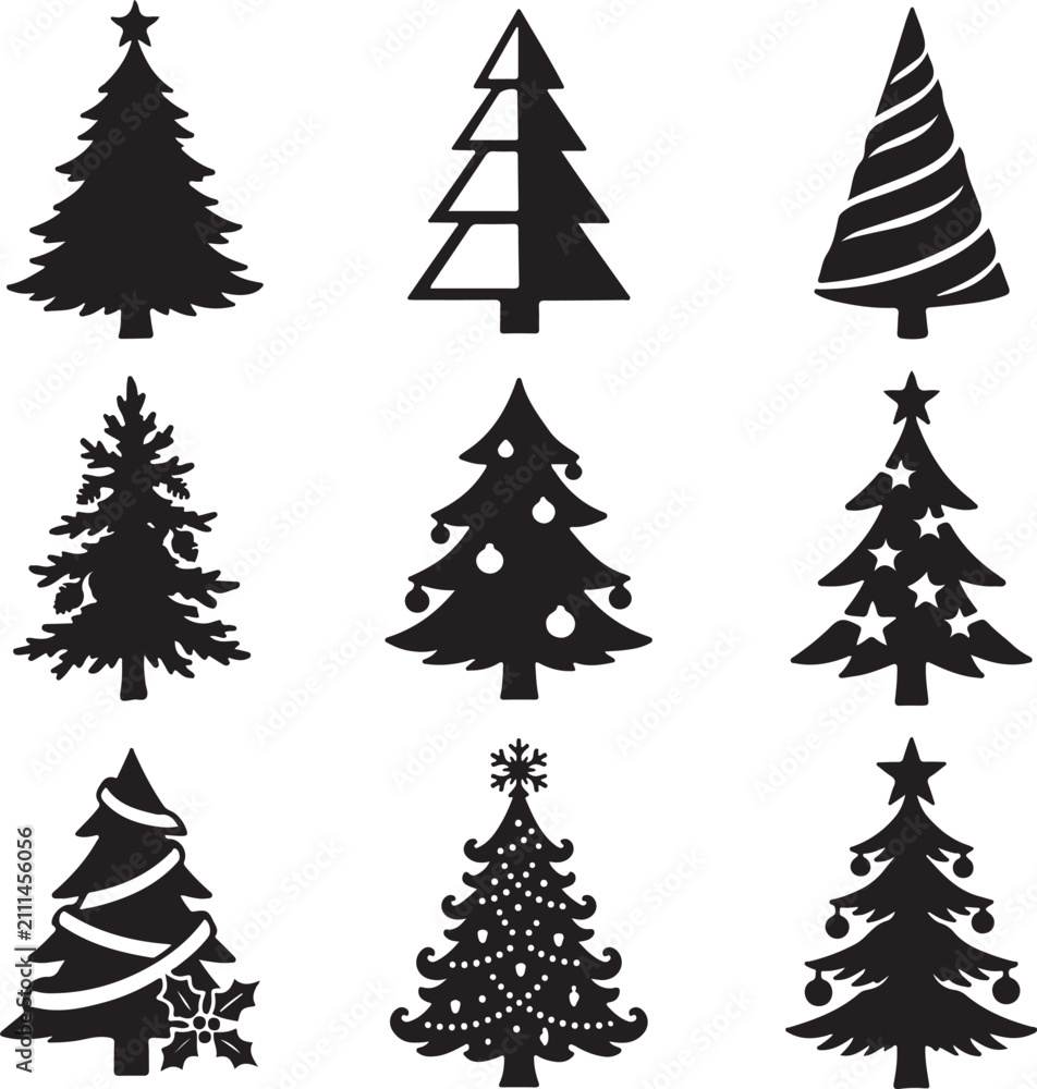 Obraz premium Minimalist Christmas tree silhouettes, set of 9 black pine tree icons. Modern winter evergreen vector graphics for holiday cards and festive branding.