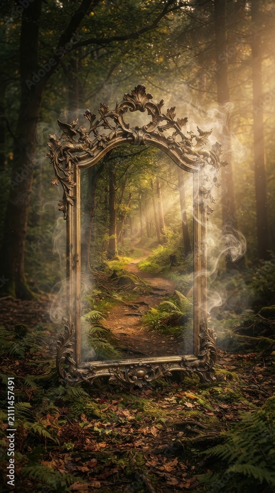 Obraz premium Ornate mirror frame standing in a misty forest