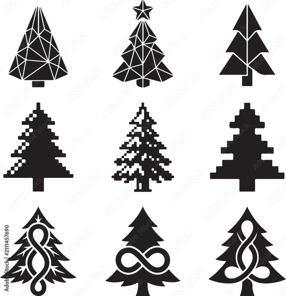 Obraz premium Minimalist Christmas tree icons set, geometric and pixel art pine tree silhouettes, black and white holiday fir tree vector collection