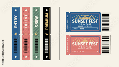 Four festival tickets with barcode details a flat vector illustration on a light beige background ticket event events