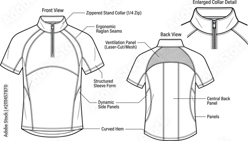 Fotografie Quarter zip athletic jersey tech pack vector drawing with front back view and sp