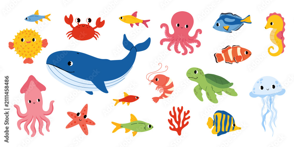 Naklejka premium Сute ocean animals collection. Whale,turtle, octopus, fish,squid, jellufish, shrimp and crab. Underwater marine life. Flat design, vector illustration for kids.