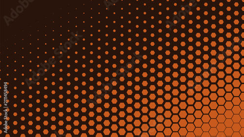 Abstract hexagon halftone gradient background with vibrant orange hexagons scaling diagonally from tiny dots to a solid merged field on a dark brown backdrop