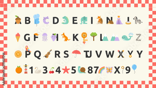 Alphabet chart with illustrated letters and numbers colorful watercolor style with checkered border numbers illustration educational learning teaching
