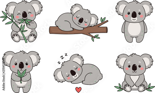 Canvas Print Cute Koala Bear Character Vector Set with Sleeping, Eating Bamboo, and Sitting P