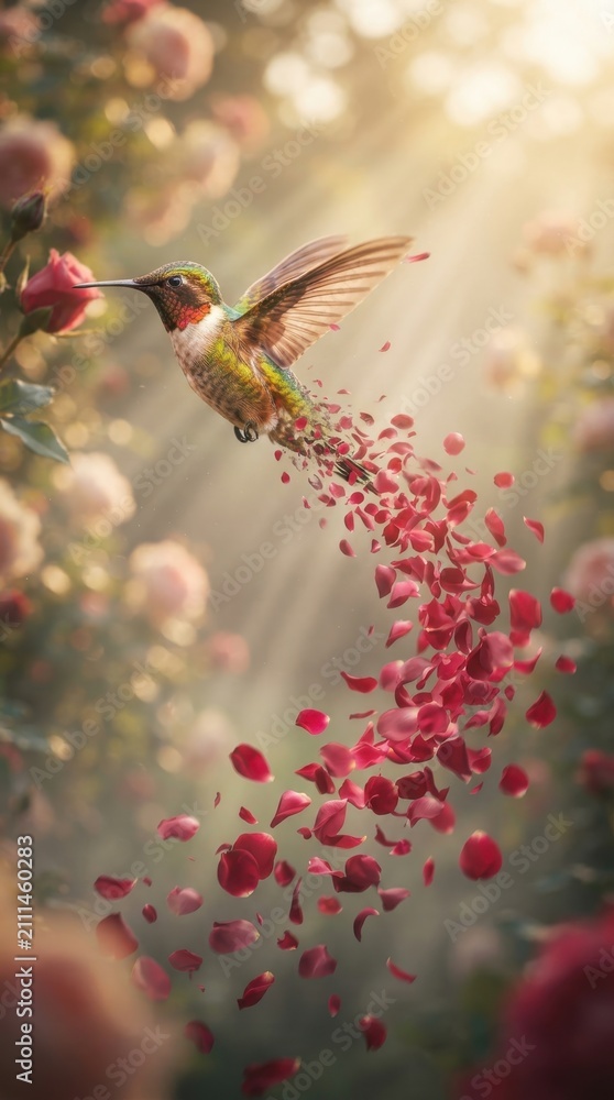 Obraz premium Hummingbird flying among pink rose petals in a sunlit garden