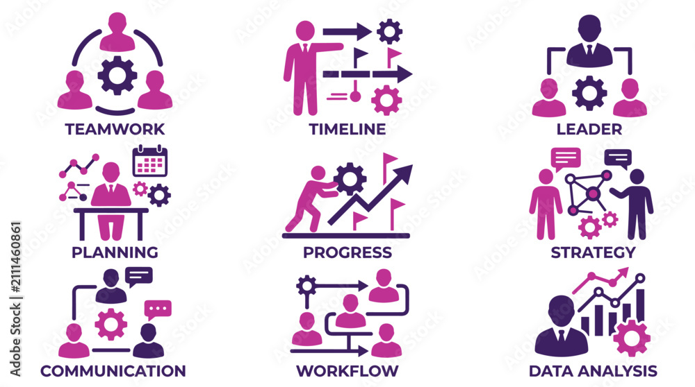 Obraz premium Labeled professional business strategy and teamwork icons.