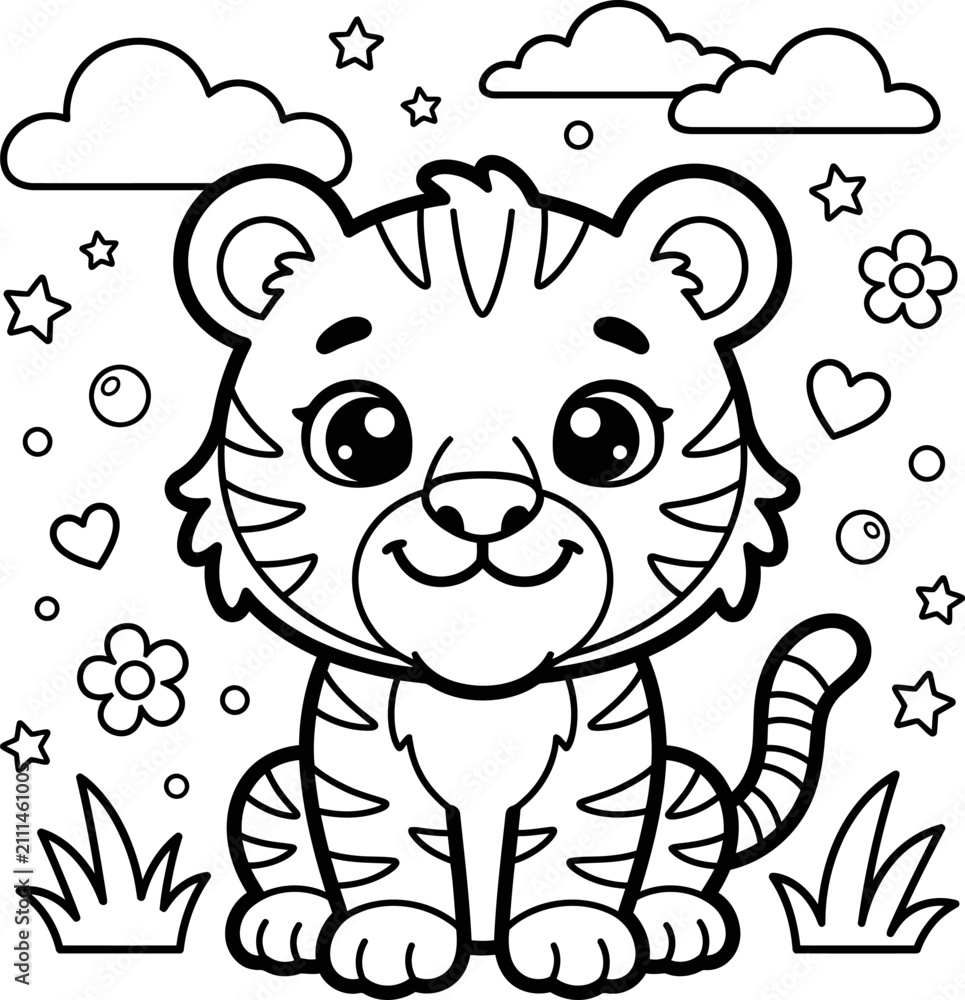 Fototapeta premium Cute tiger cub sitting on grass surrounded by stars hearts flowers and bubbles