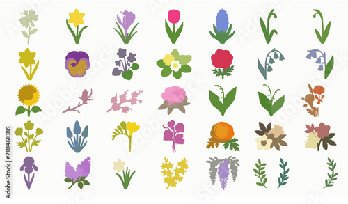 Quadro su tela Spring Flowers Clipart Collection Colorful Flat Vector Set