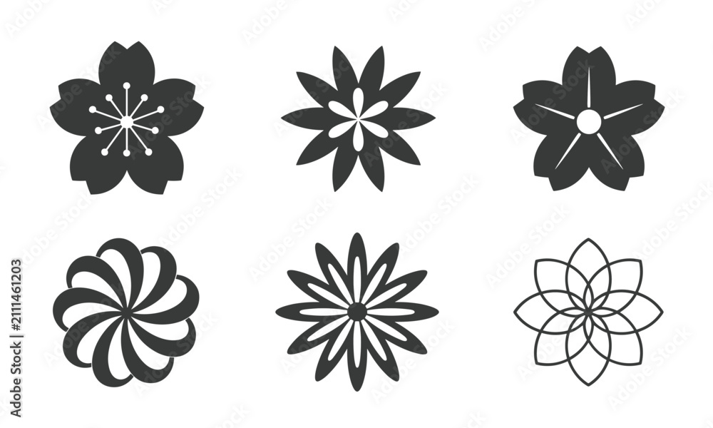 Fototapeta premium Collection of Six Stylized Black Flower and Swirl Icons