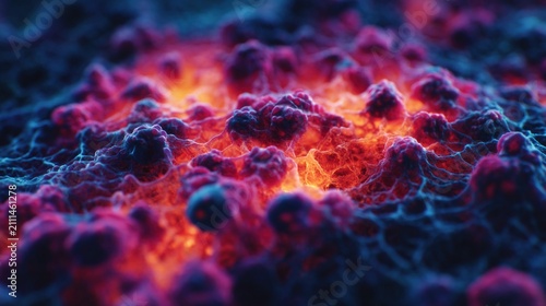Close-up image of a glowing, textured surface resembling a microscopic or volcanic landscape with bright orange and dark purple hues.